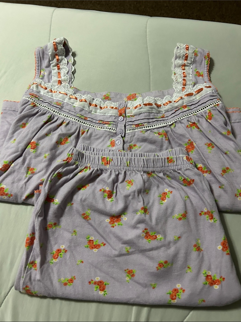 Only Necessities Lavender Floral Cotton Pajama Set with Orange Rose Print